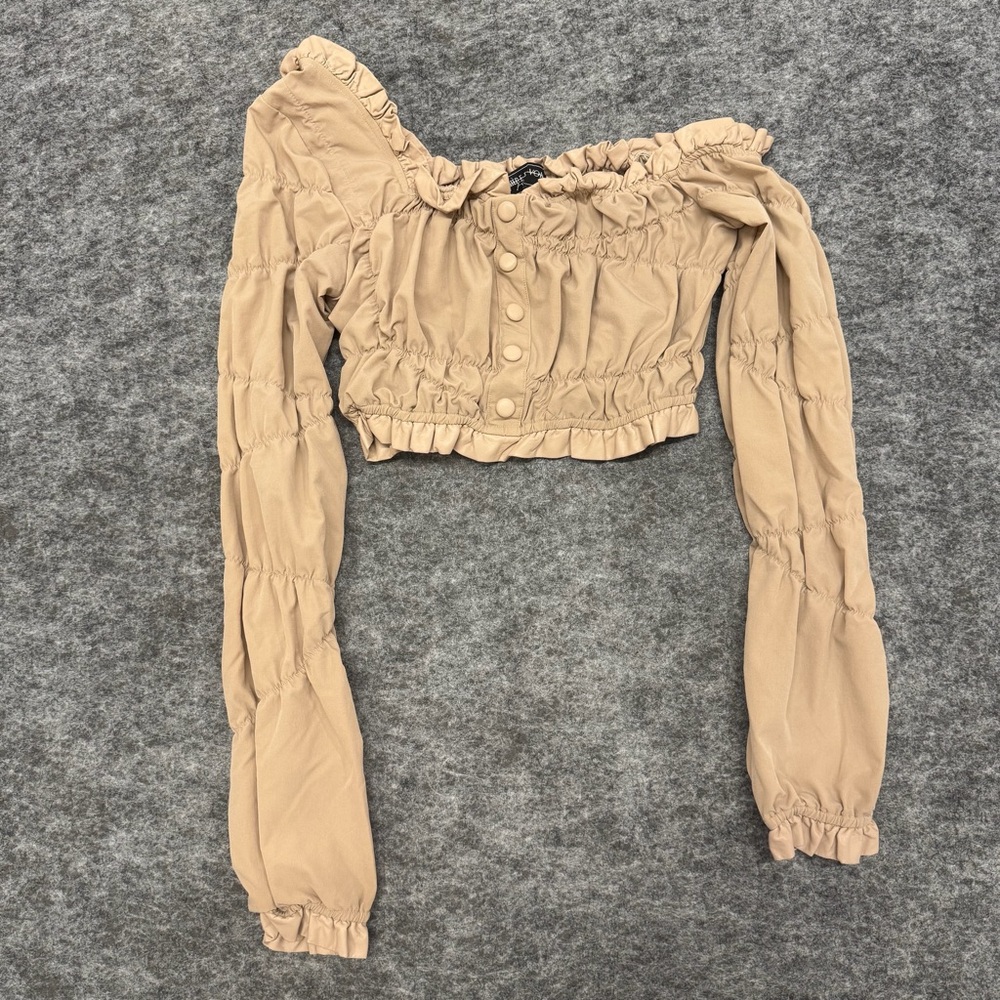Manière De Voir Funky Tan Ruffled Off-Shoulder Cropped Long Sleeve Top Size 10
